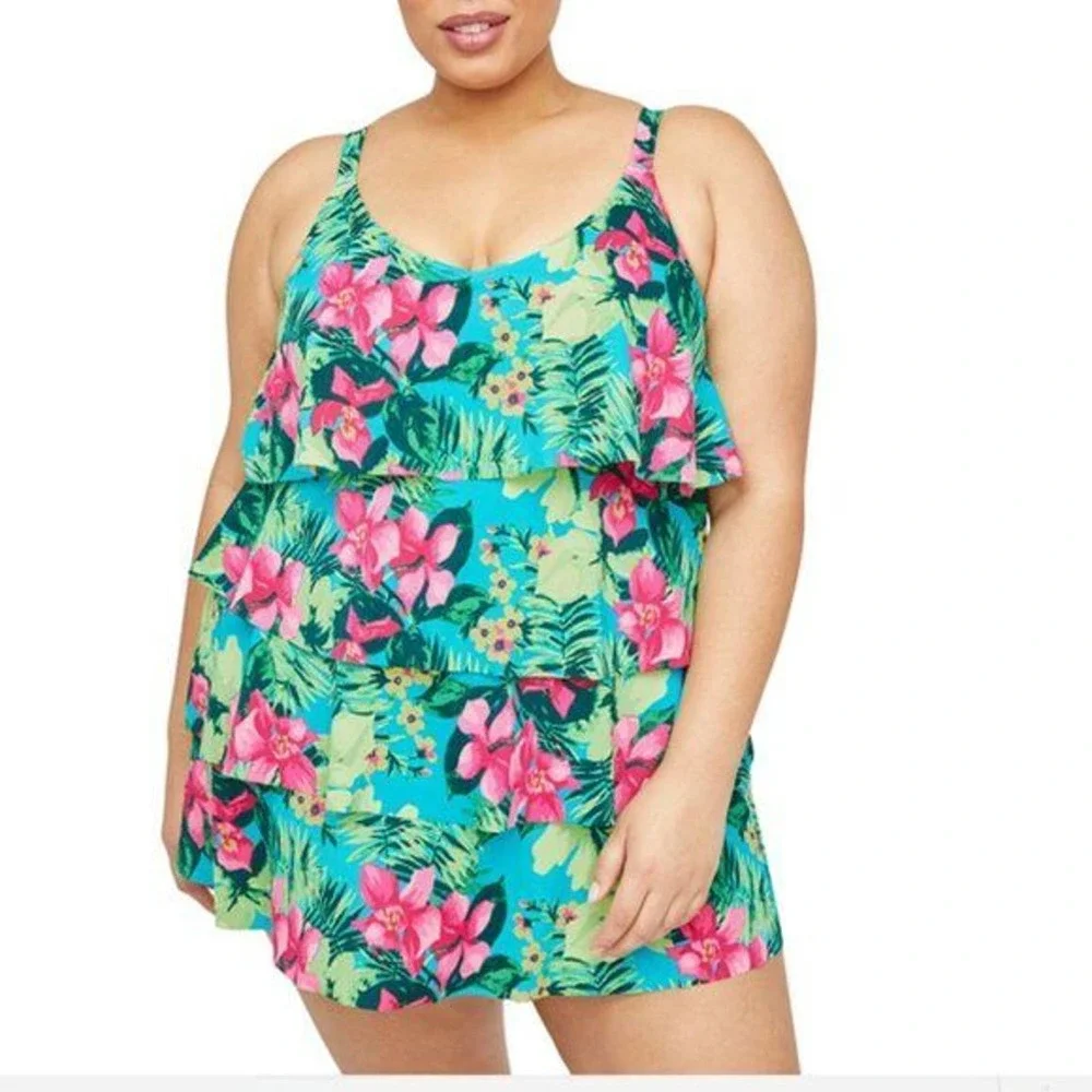 Catherines Tropical Floral Tiered Swimdress One Piece Swimsuit Plus 30W H14335 - Picture 1 of 11